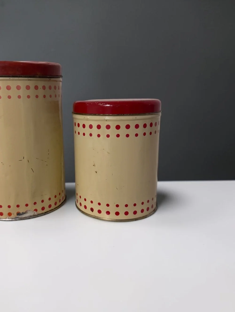 Vintage 1950s Tin Canister Set of 2 Cream Red Polka Dot Nesting Kitchen